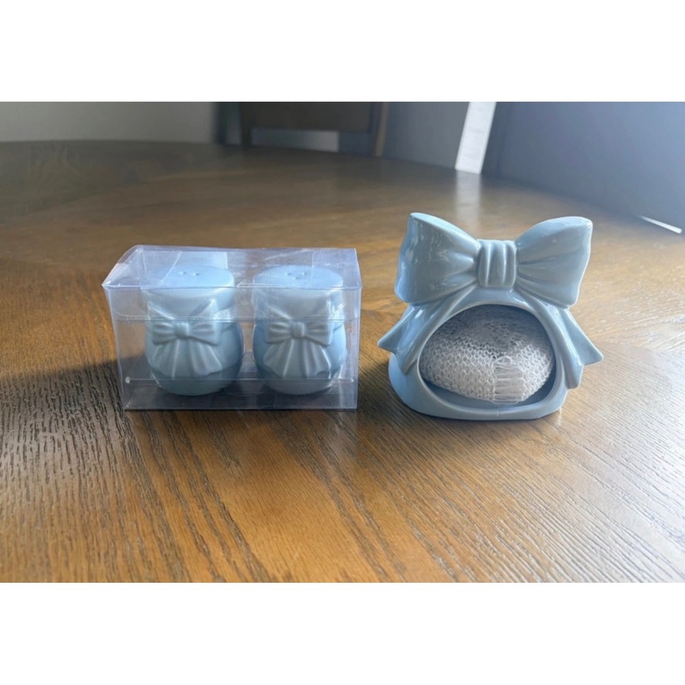 The Spring Shop Blue Ceramic Bow Salt Pepper Shakers and Sponge Holder Set